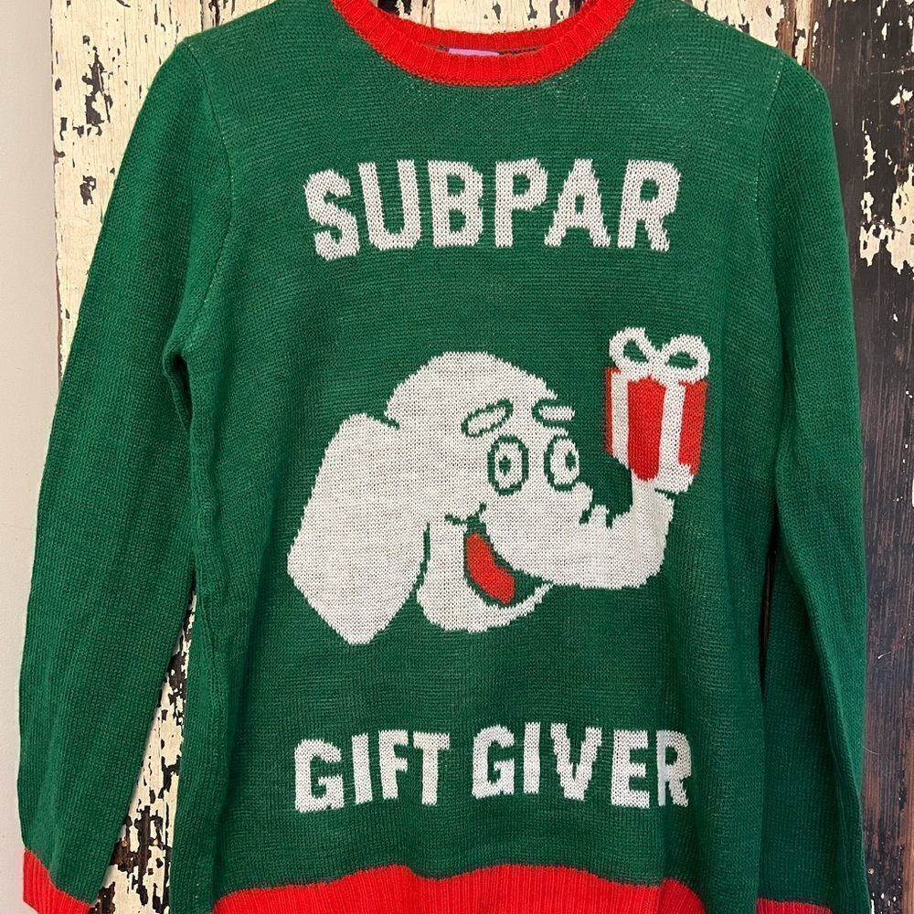 Norther Pole Subpar Gift Giver Ugly Christmas Holiday Sweater with Elephant. XS